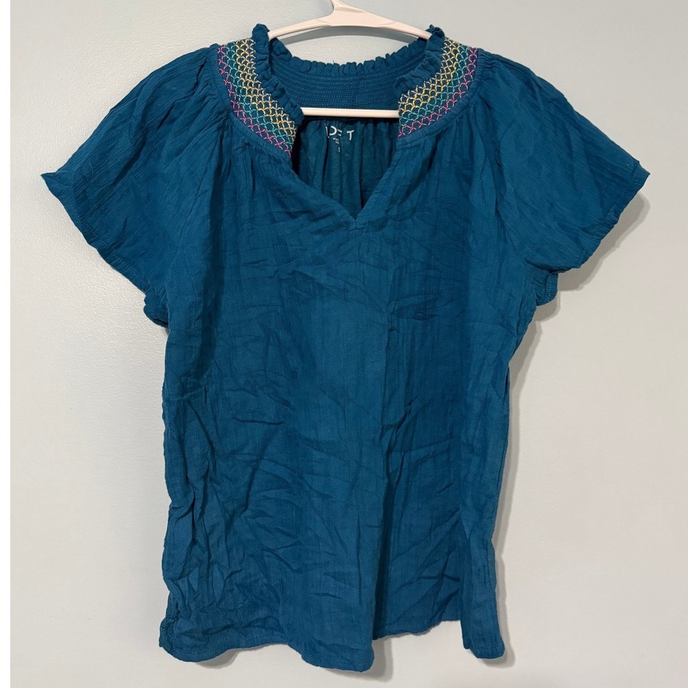 Loft Women's S Teal Blue Embroidered Smocked Split Neck 100% Cotton 0980
